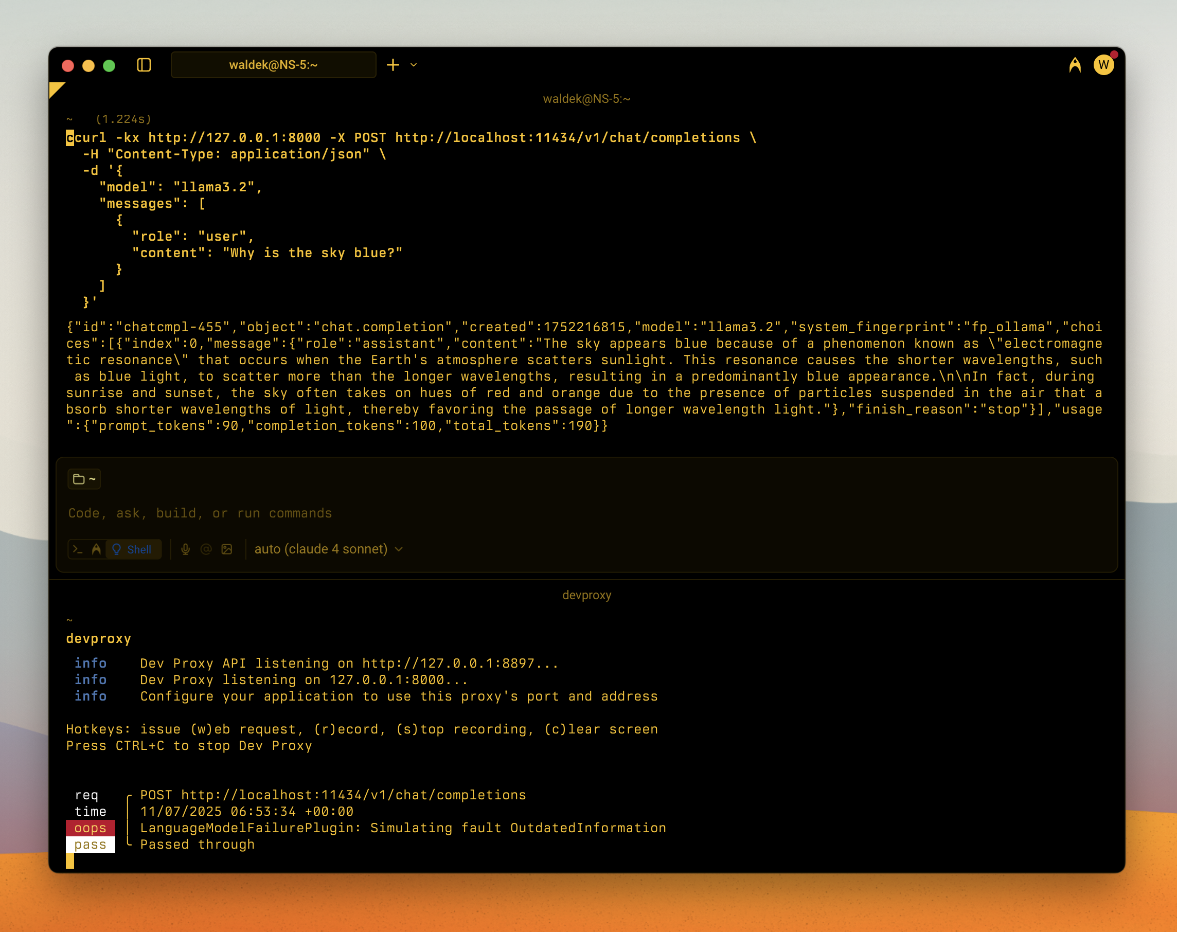 Dev Proxy simulating a language model failure when calling Ollama