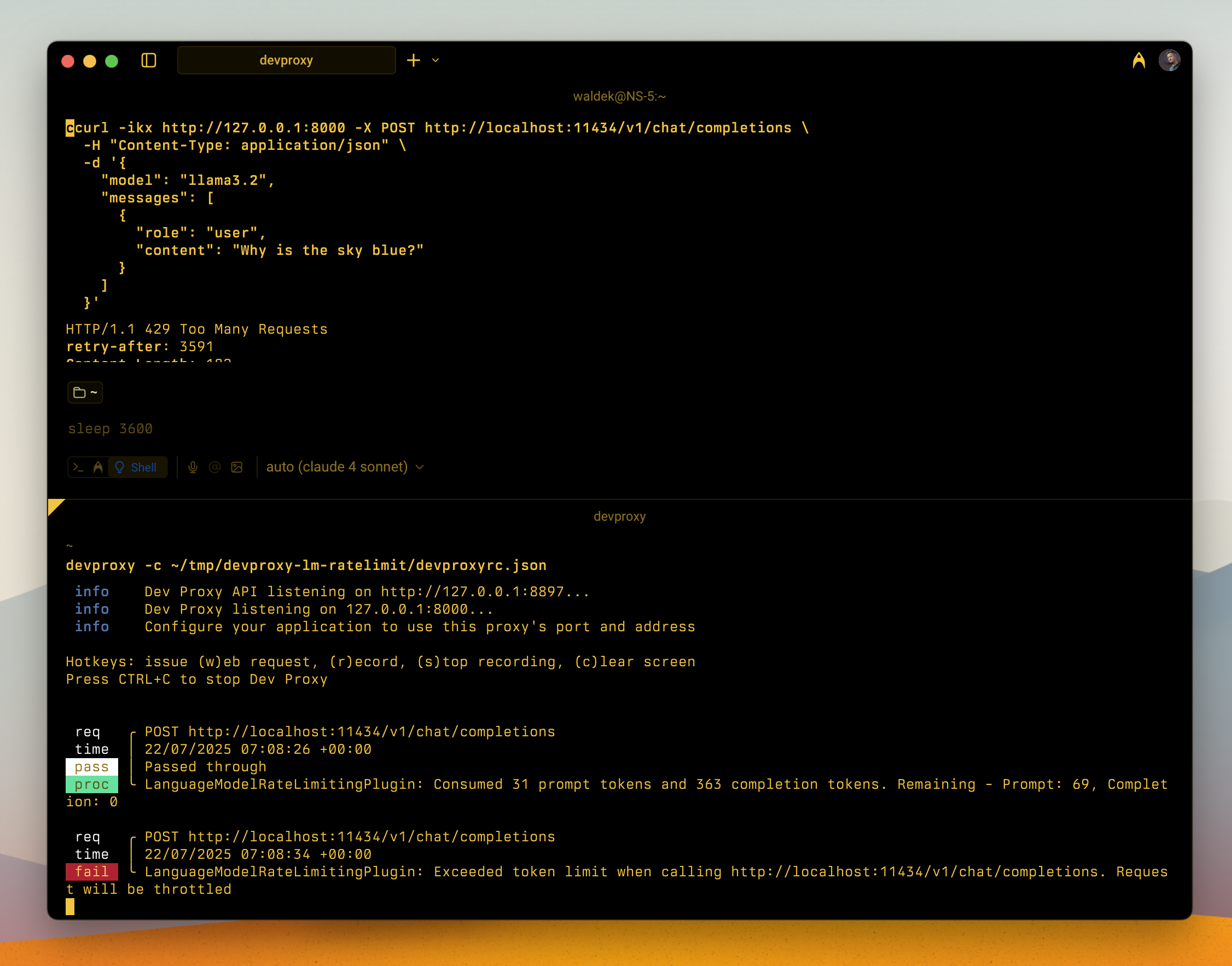 Dev Proxy simulating exceeding a token limit for an LLM request