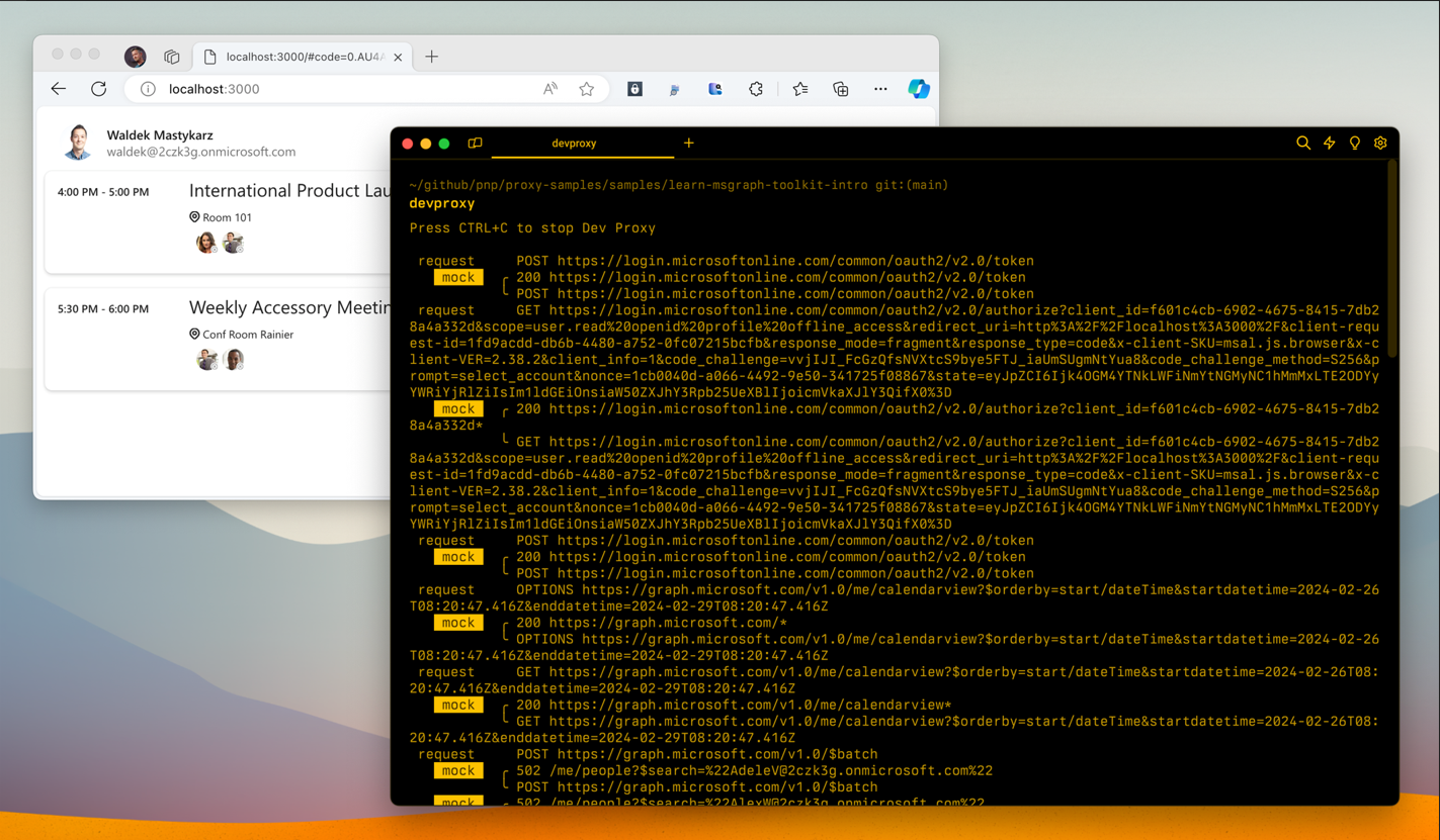 Dev Proxy simulating OAuth flow for an app built using Microsoft Graph Toolkit