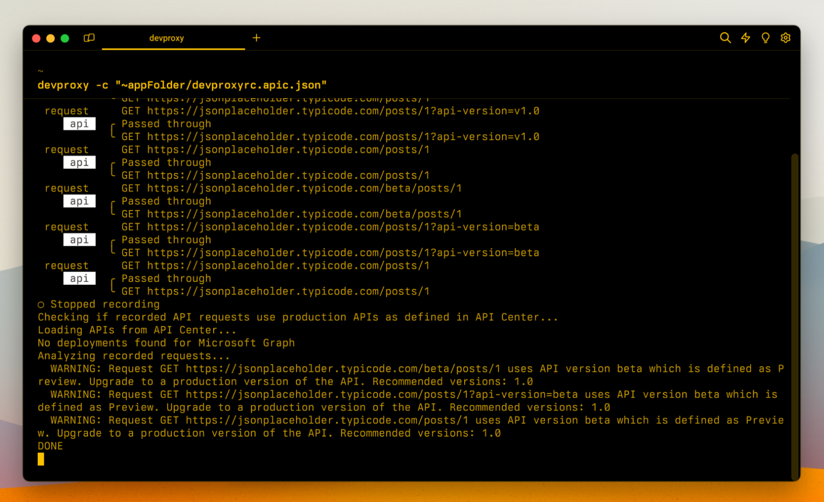 Dev Proxy warning of non-production APIs used in an app and suggesting their production equivalents as listed in API Center.