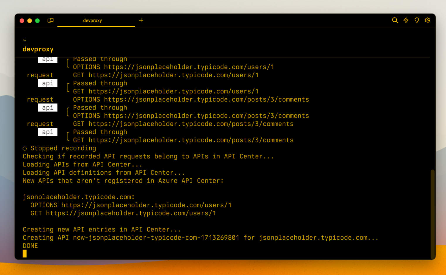 Dev Proxy showing a list of APIs used in an app, and which aren't registered in API Center.