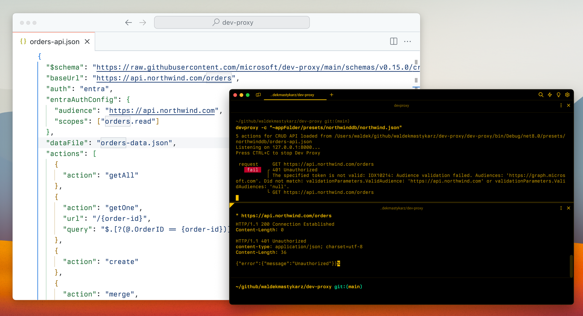 Dev Proxy simulating a CRUD API secured with Microsoft Entra