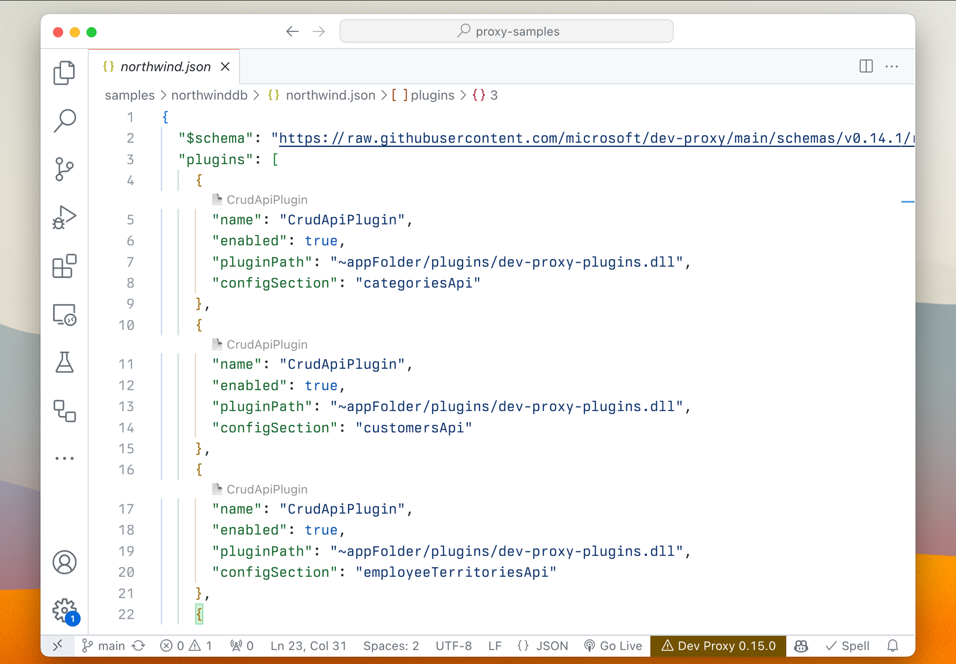Sample Dev Proxy configuration with multiple instances of the same plugin