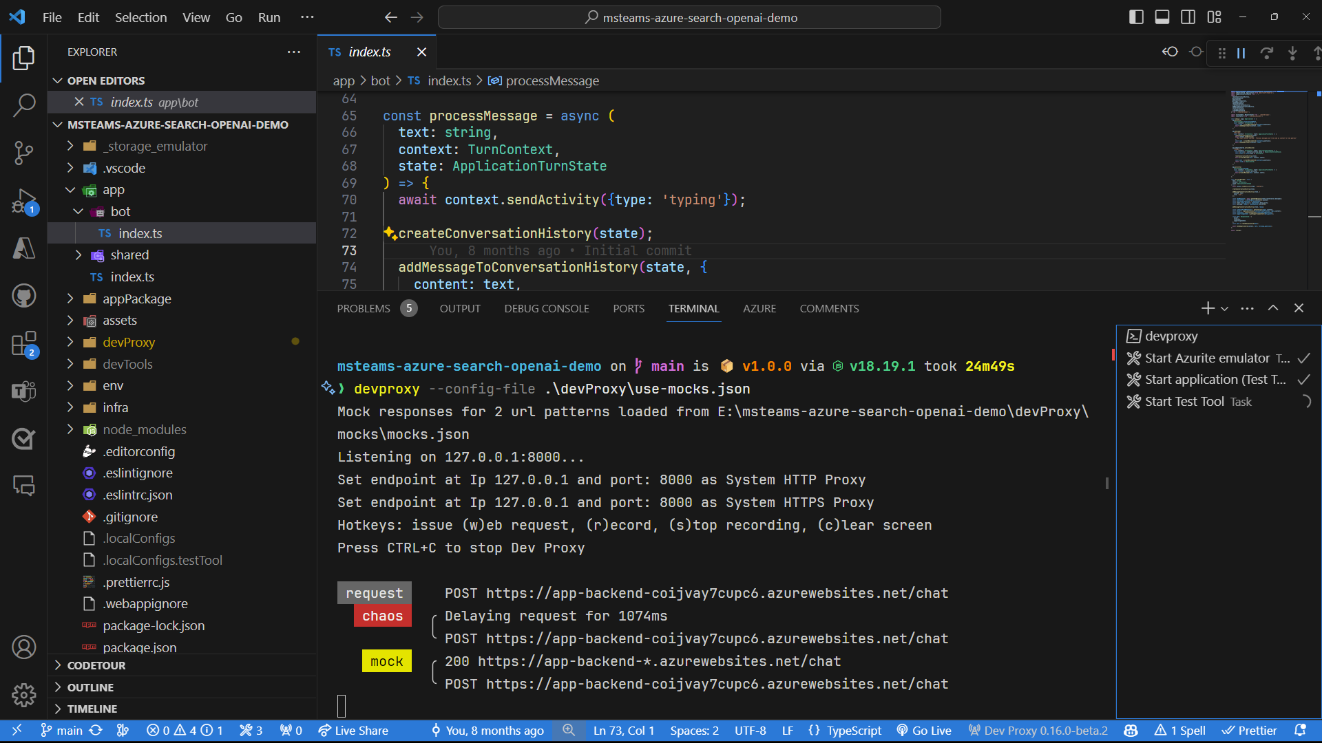 Dev Proxy running in a terminal window inside Visual Studio Code, displaying a delayed mocked request to a backend API