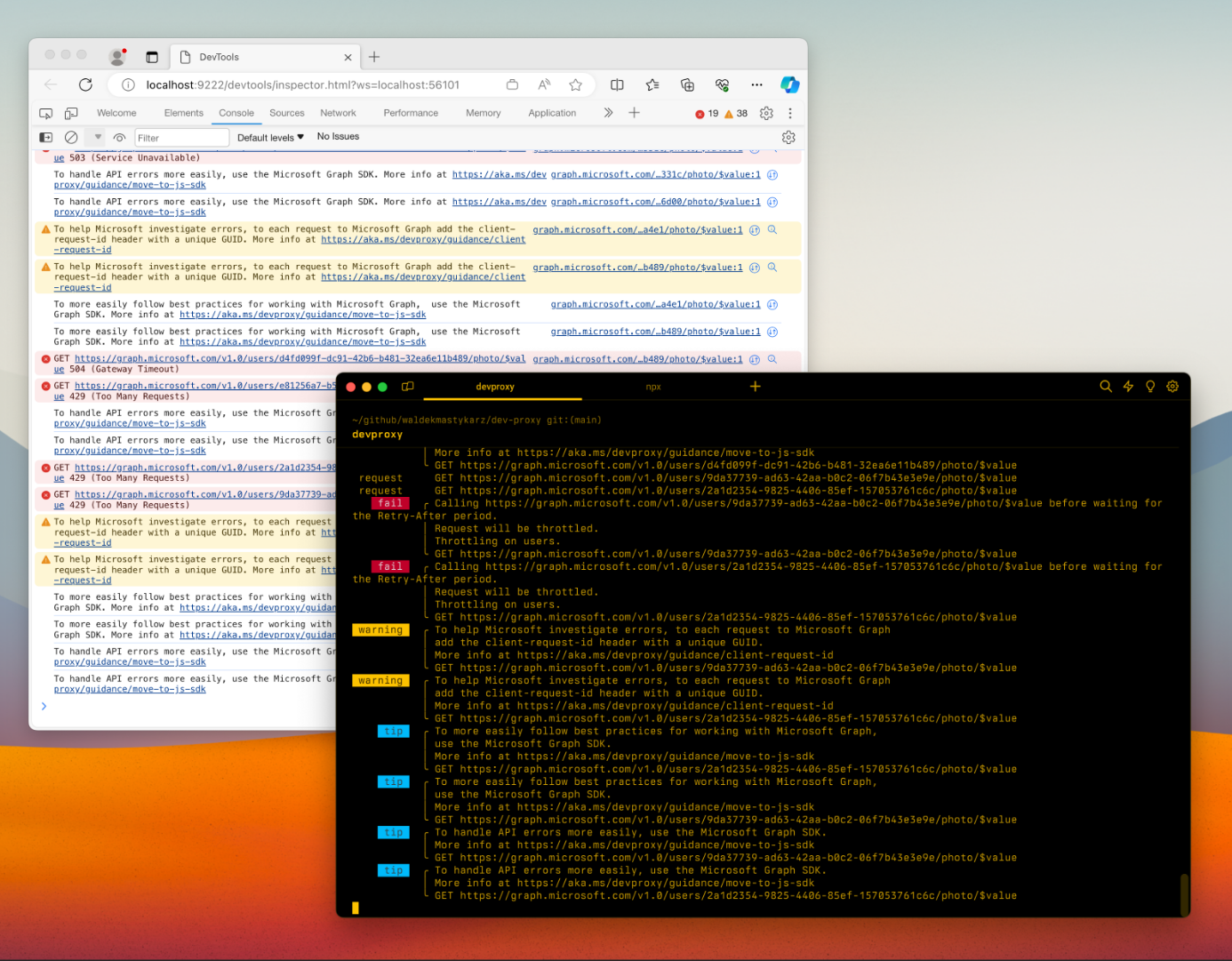 Dev Proxy messages warnings and guidance displayed in Edge Dev Tools