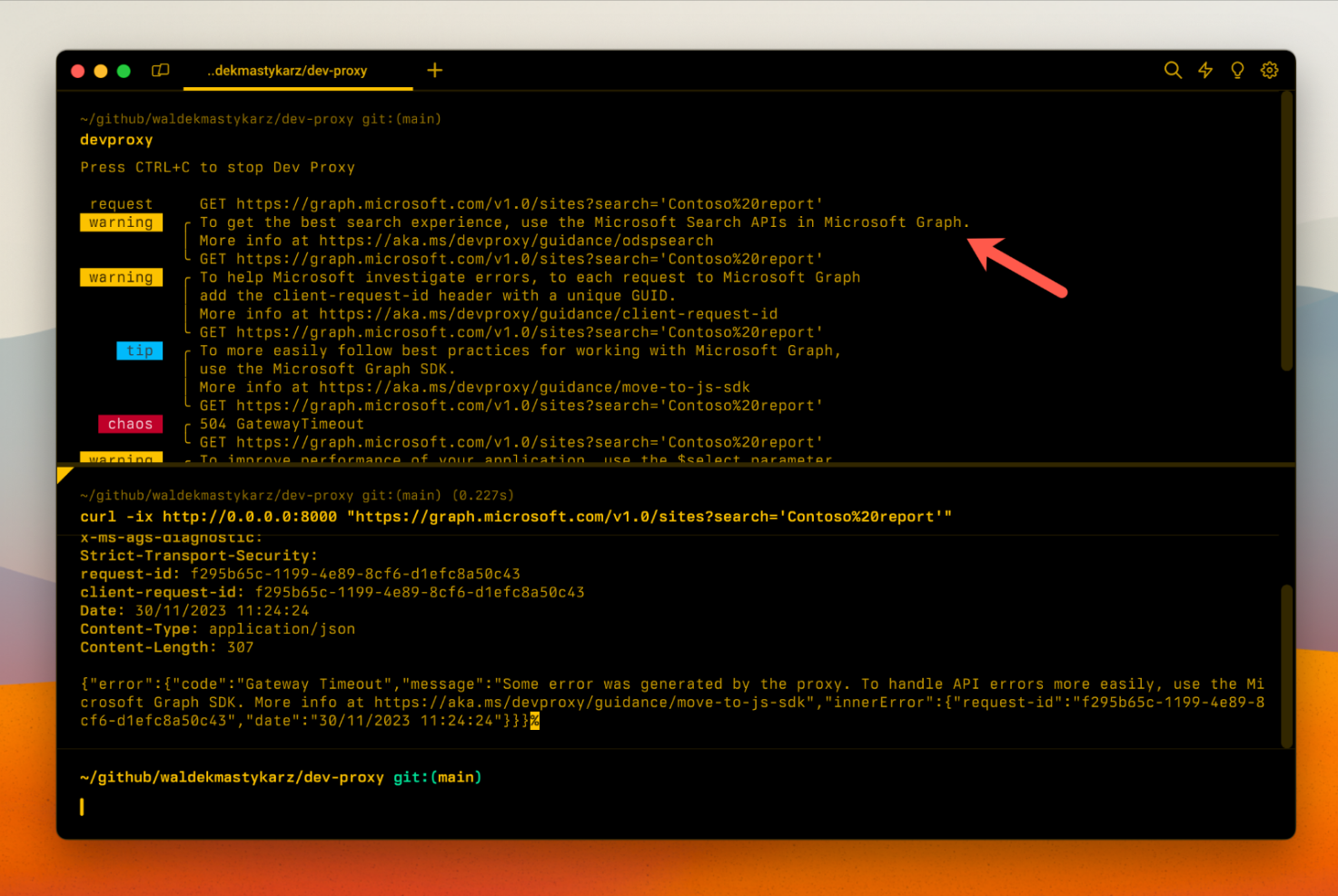 Dev Proxy warning of using OneDrive and SharePoint search APIs