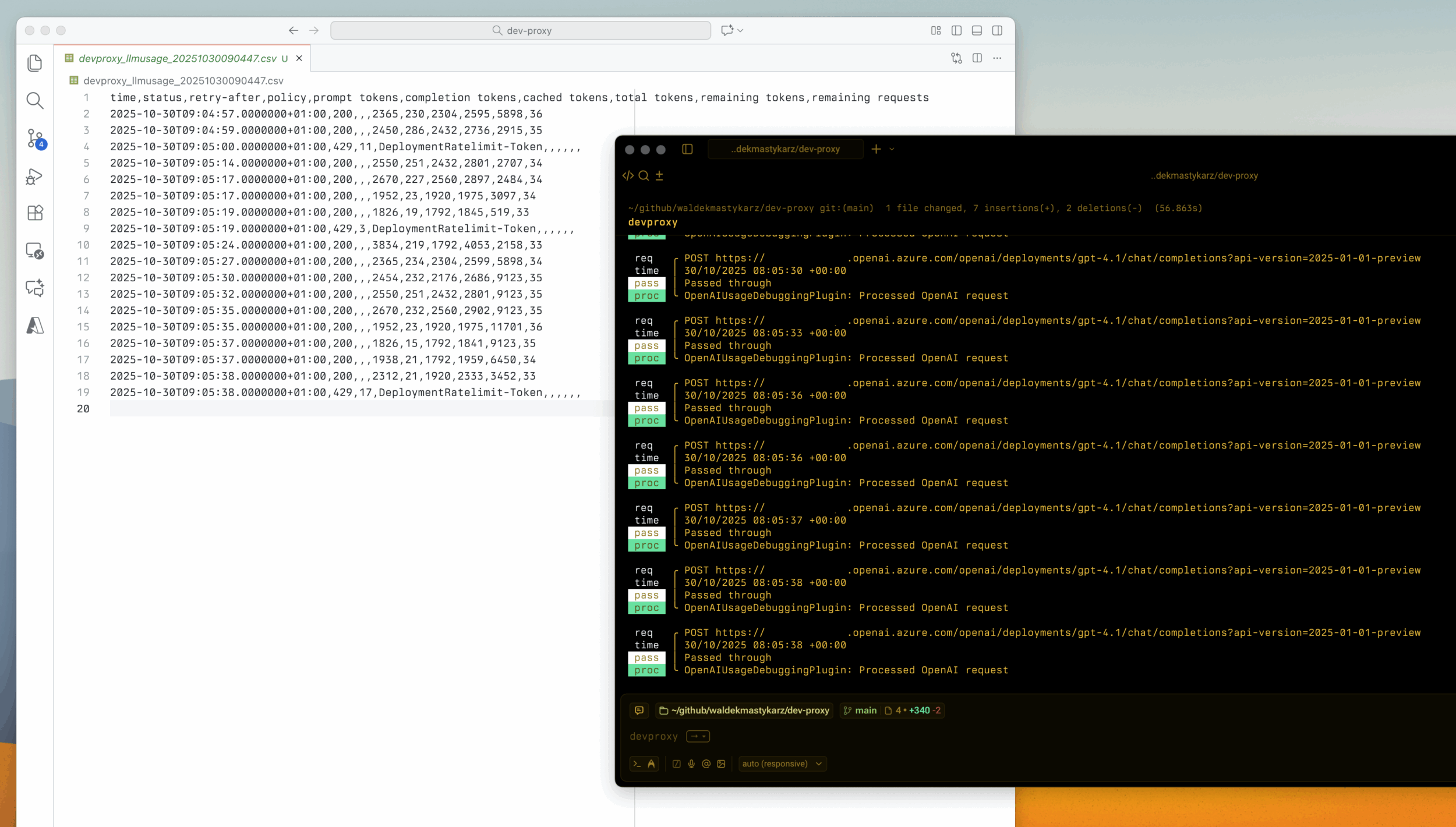 Screenshot of a CSV file with information about LLM usage