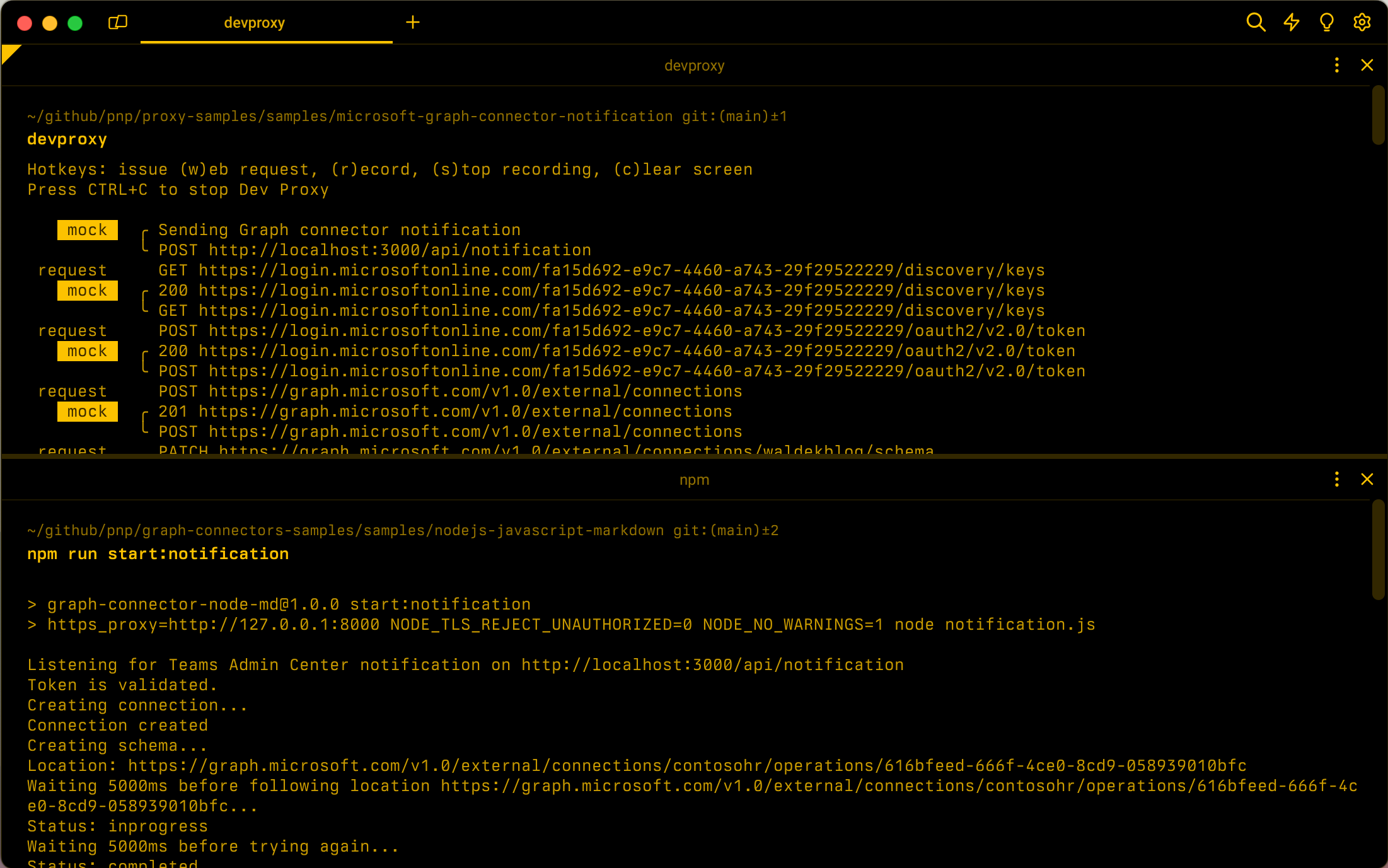 Dev Proxy simulating the Teams Admin Center notification for Graph connectors and mocking subsequent requests for validating the token and creating the external connection.
