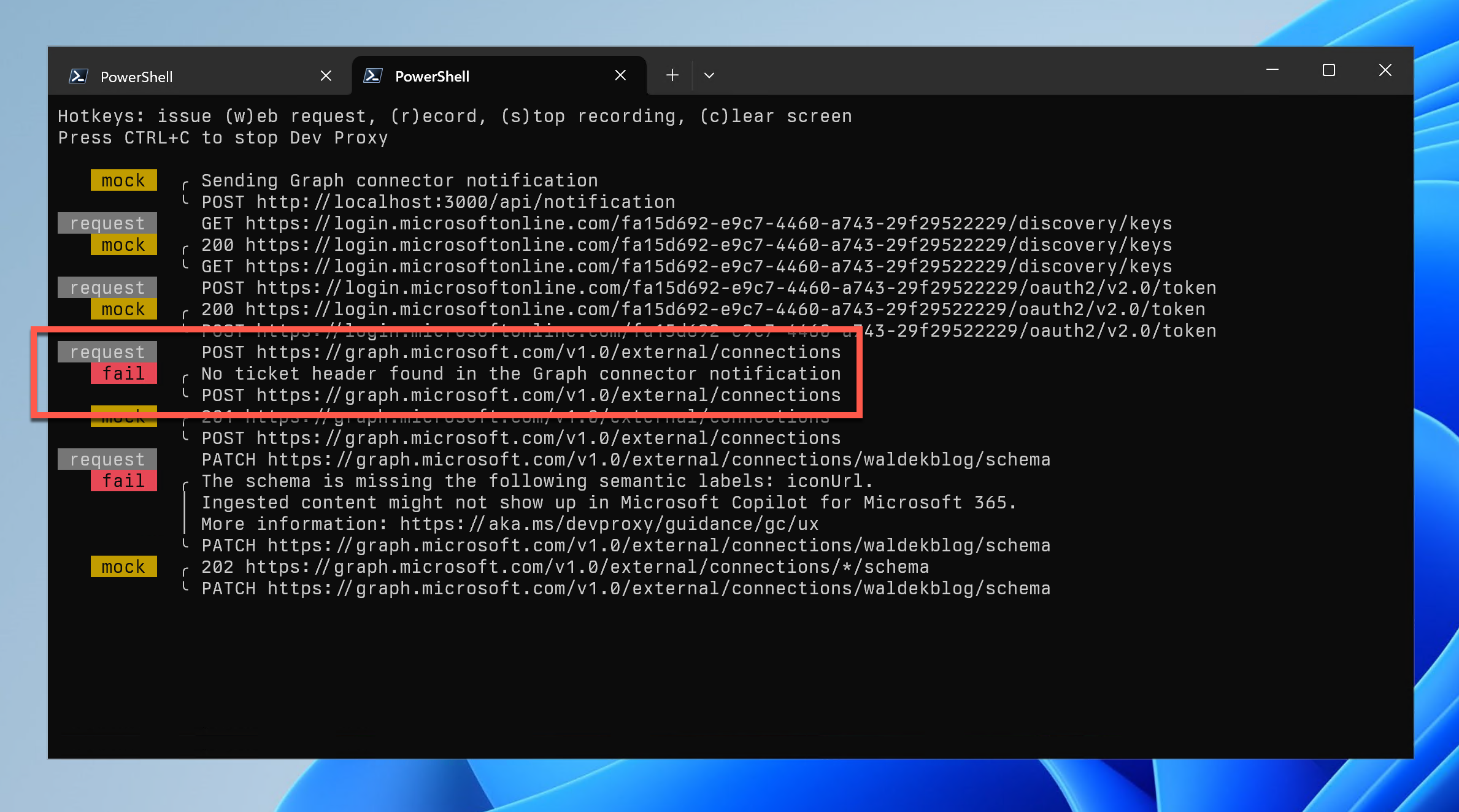 Dev Proxy warning about the lack of ticket on the request to create an external connection after receiving a Teams Admin Center notification