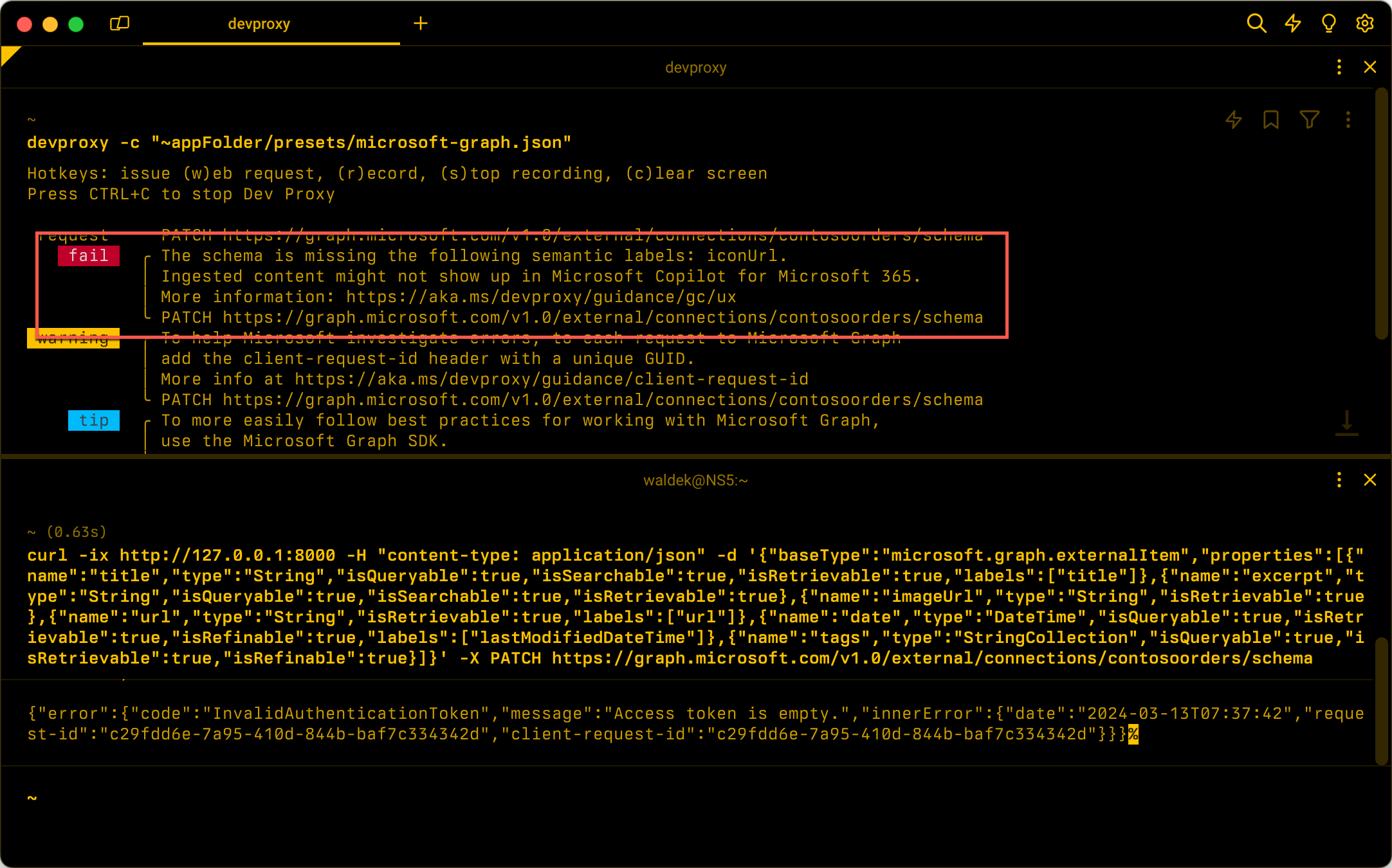 Dev Proxy showing an error after detecting a missing semantic label in an external connection schema provisioning request.