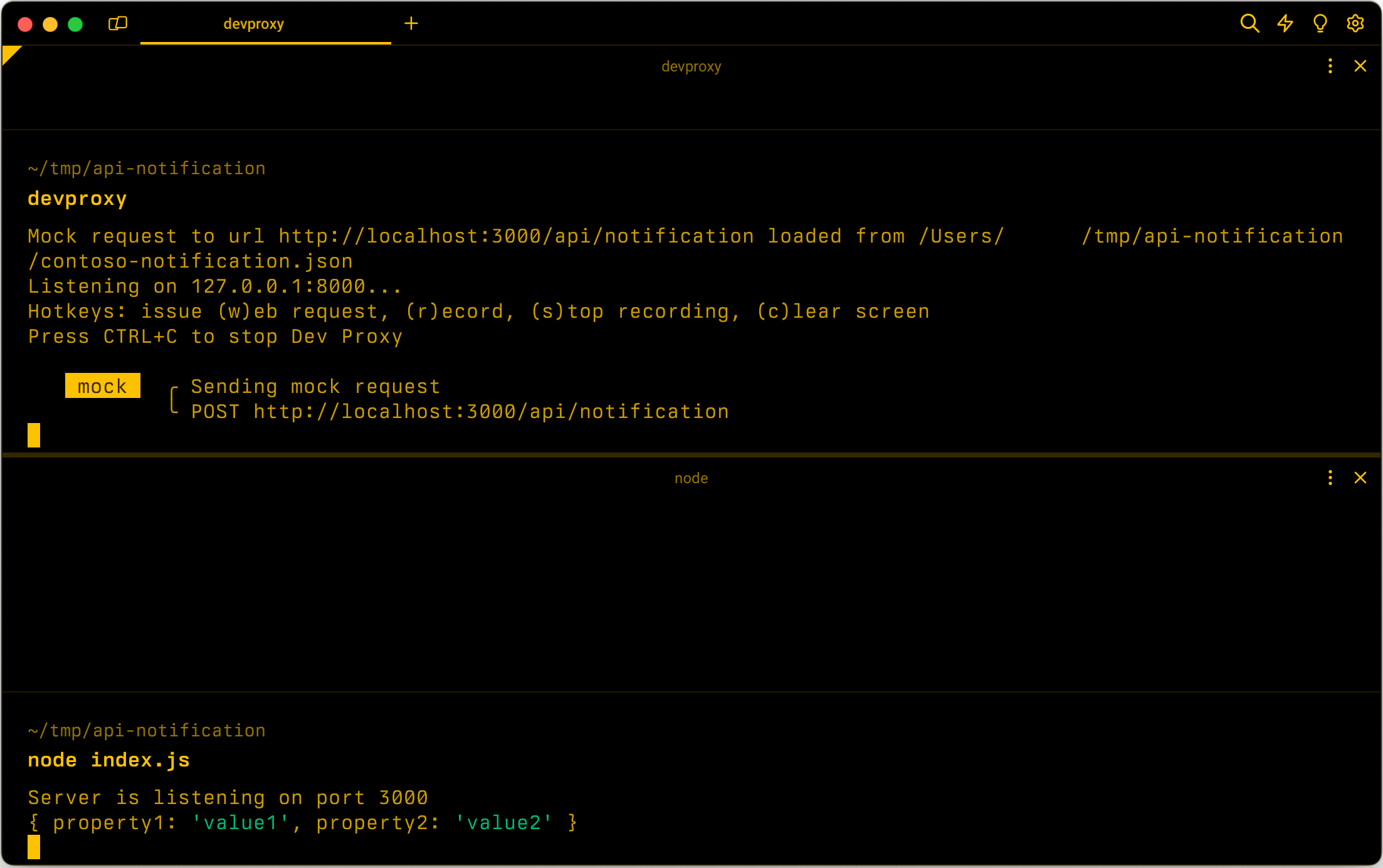 Dev Proxy simulating a webhook notification request to a local API.