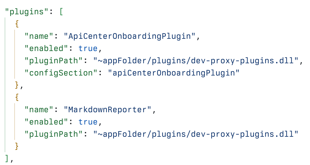 Dev Proxy configuration including the ApiCenterOnboardingPlugin and the MarkdownReporter