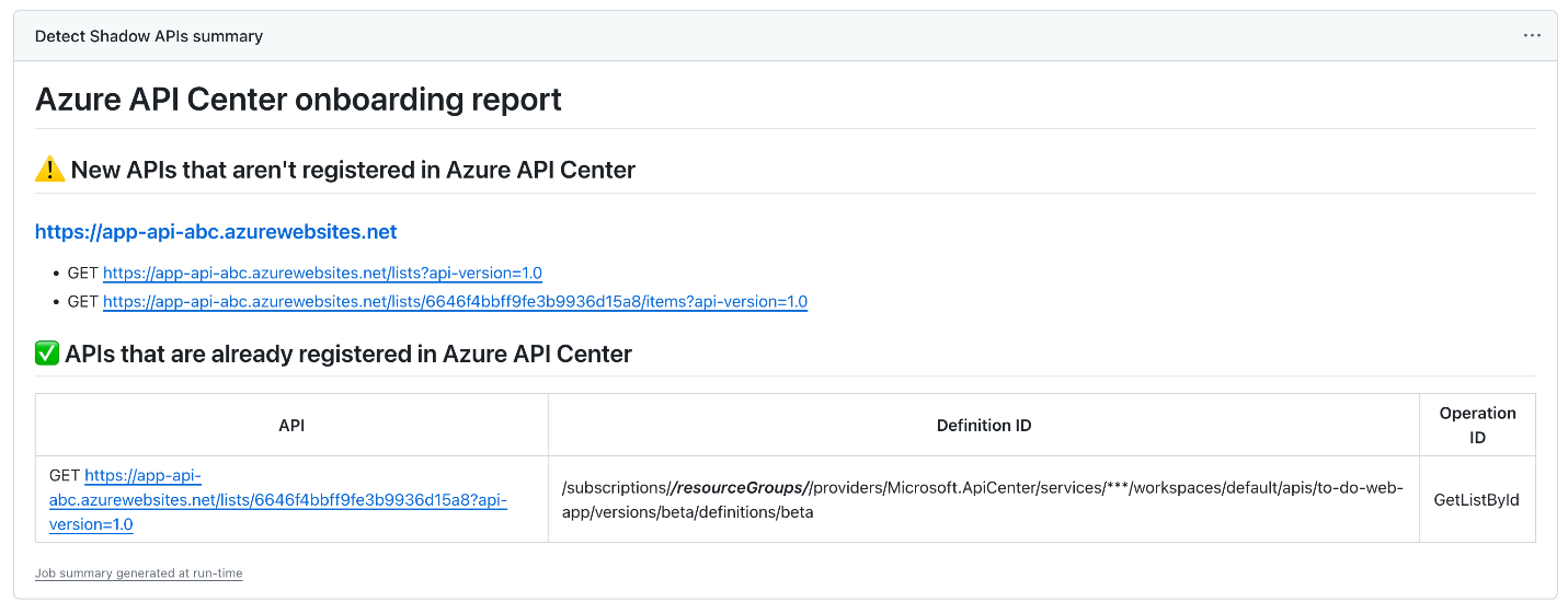 Dev Proxy API Center onboarding report displayed in GitHub job summary