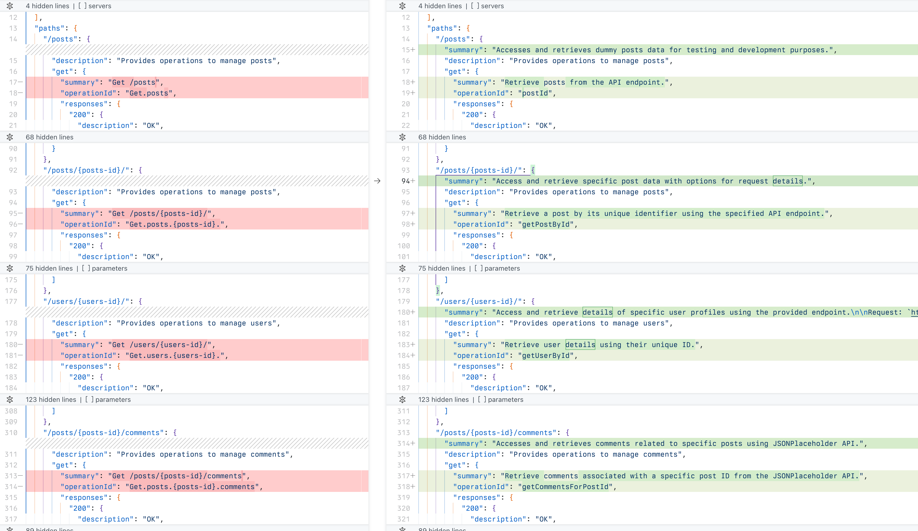 Comparison of an OpenAPI spec that Dev Proxy generated without (left) and with (right) a local language model