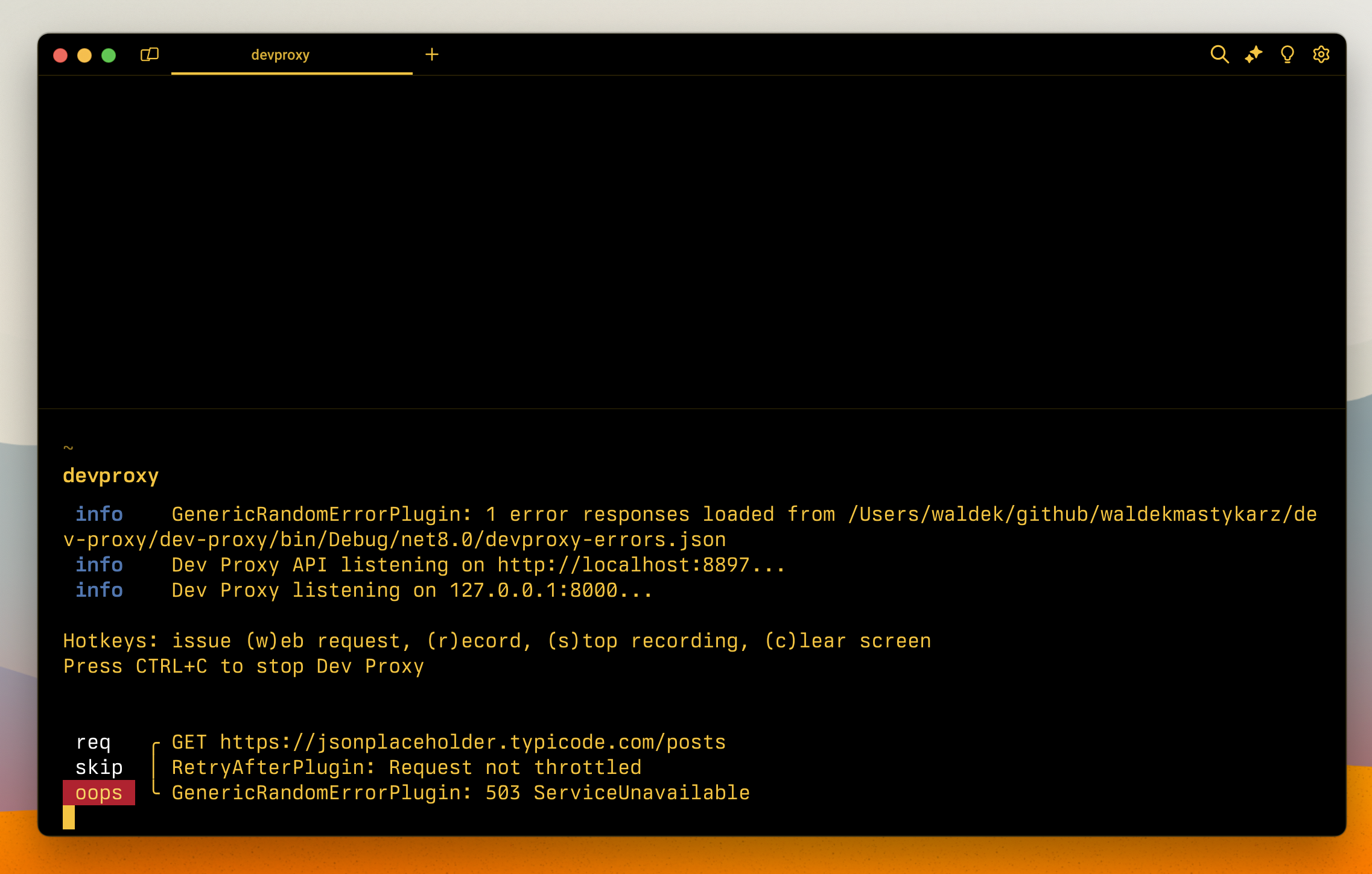 Updated Dev Proxy logs showing how each enabled plugin processes the intercepted request