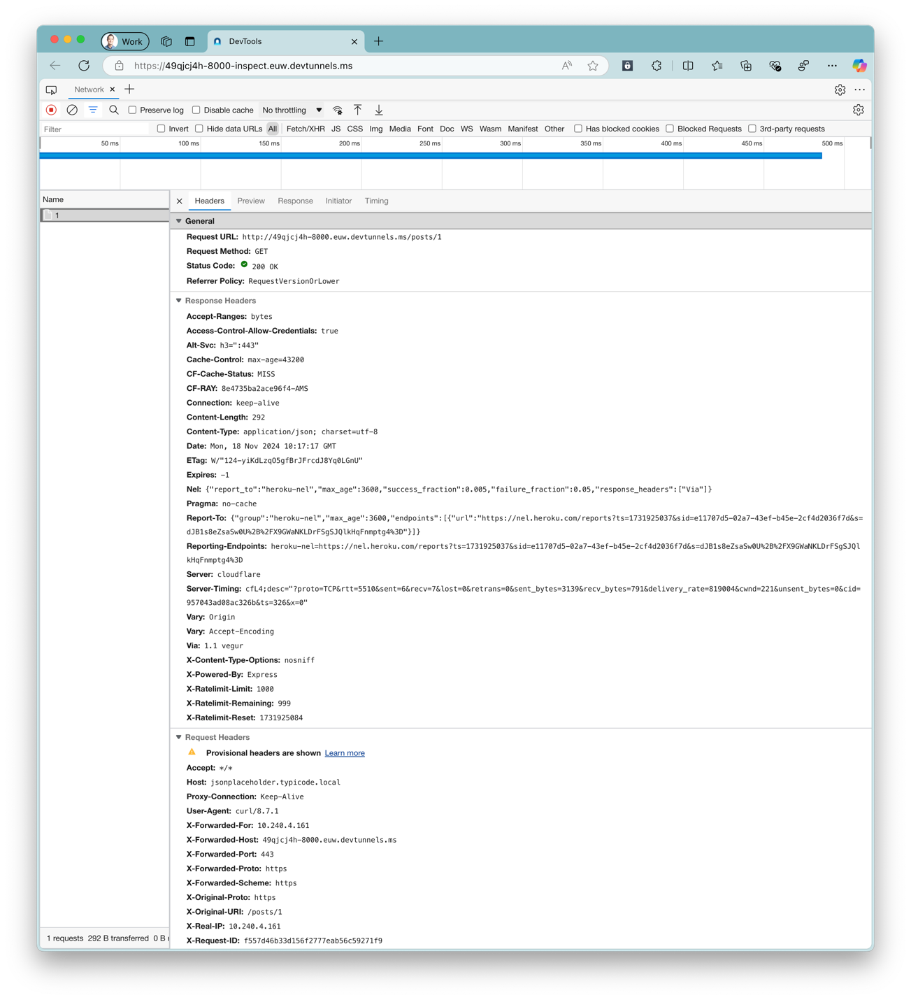 Chrome Dev Tools showing API request details