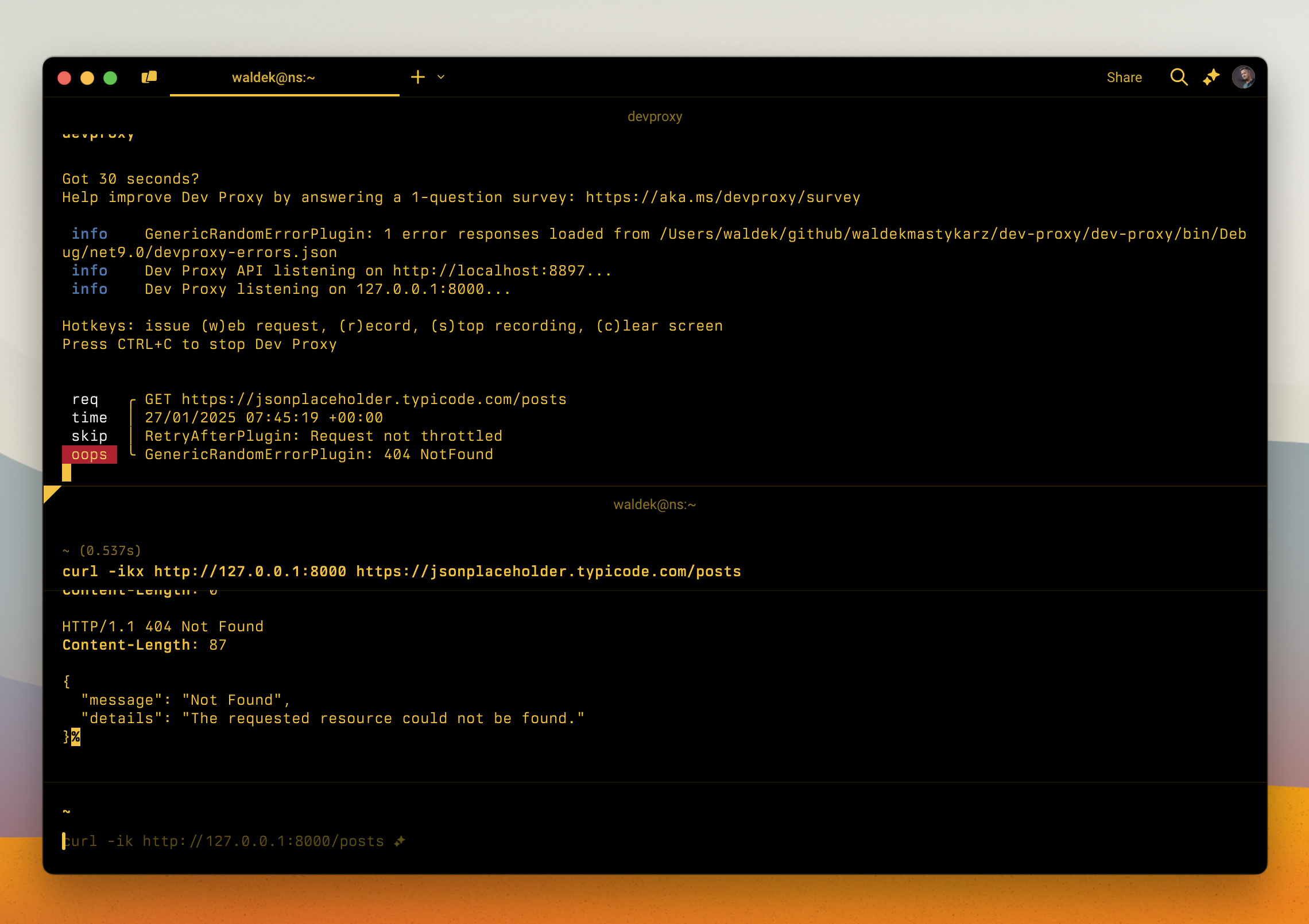 Dev Proxy shows the timestamp of the intercepted request making it easier to correlate it with the application activity