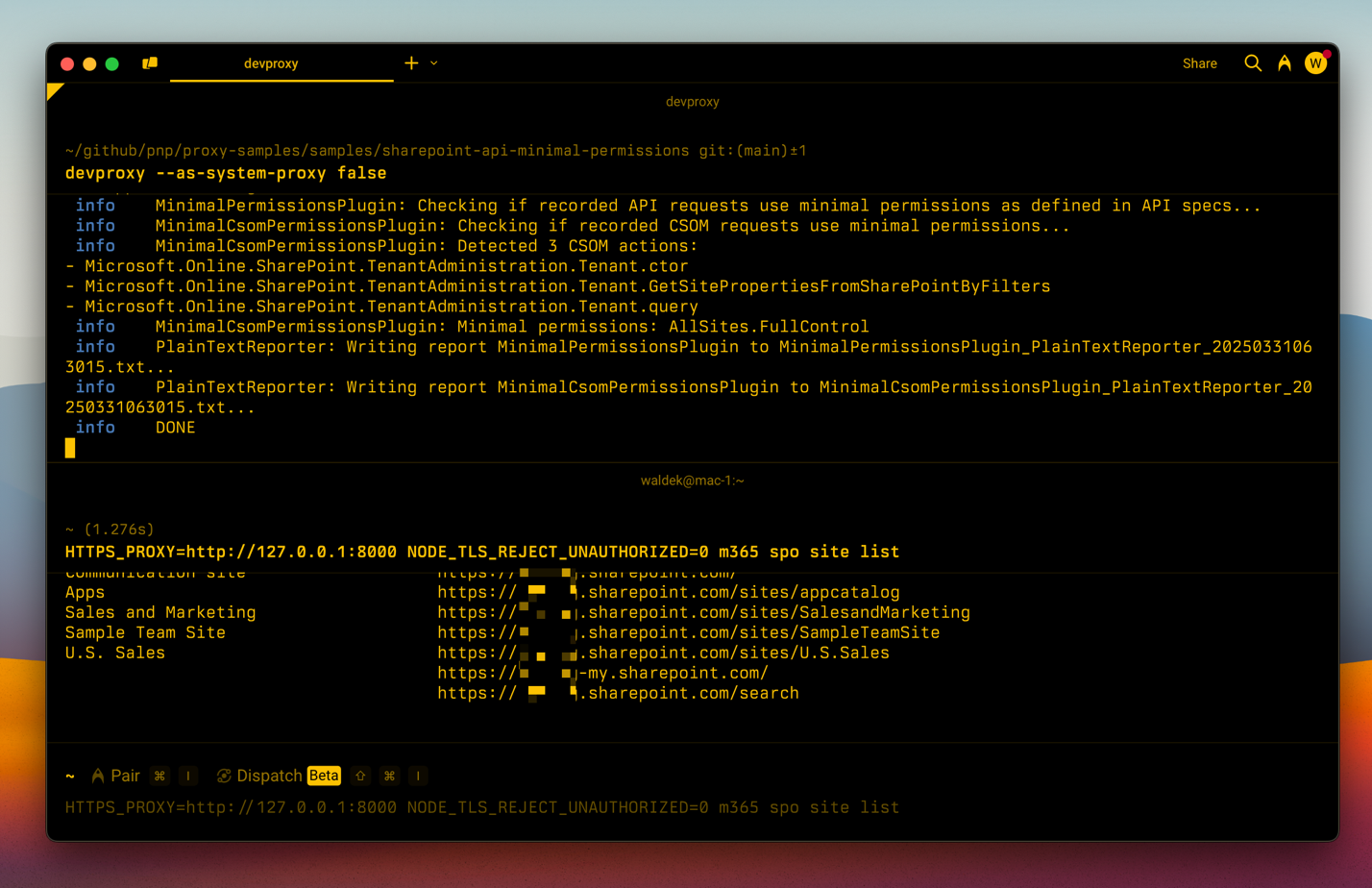 Dev Proxy listing minimal permissions required to get a list of SharePoint sites