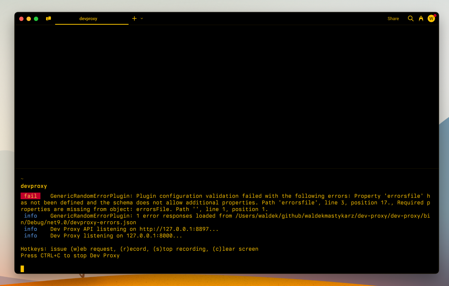 Dev Proxy showing an error in a plugin configuration