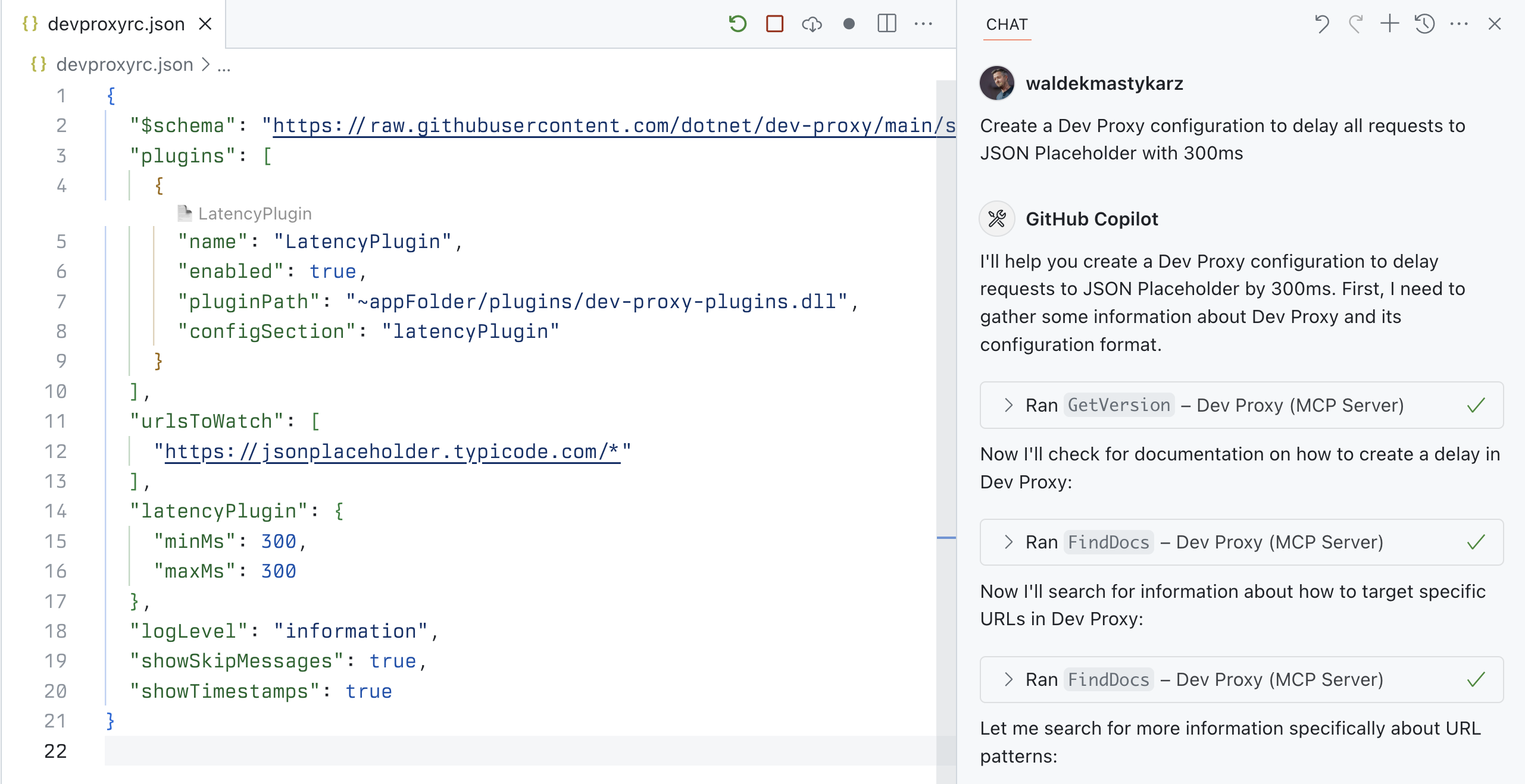 GitHub Copilot in Agent mode creating a Dev Proxy configuration for simulating latency on a public API using the Dev Proxy MCP server