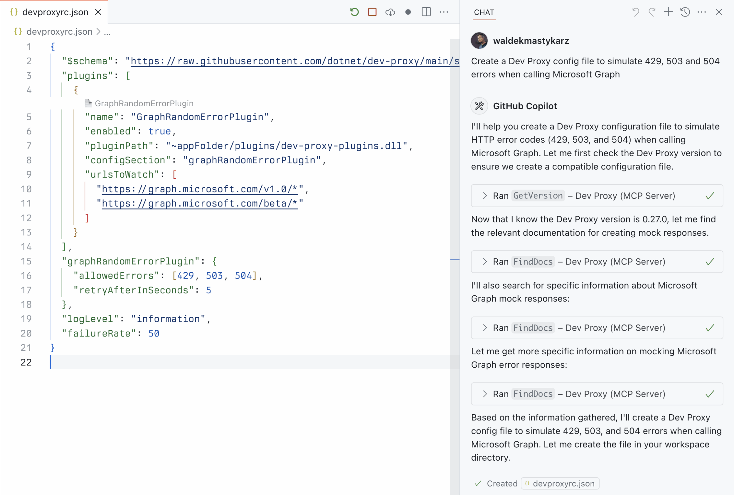 GitHub Copilot in Agent mode creating a Dev Proxy configuration for simulating Microsoft Graph behaviors using the Dev Proxy MCP server