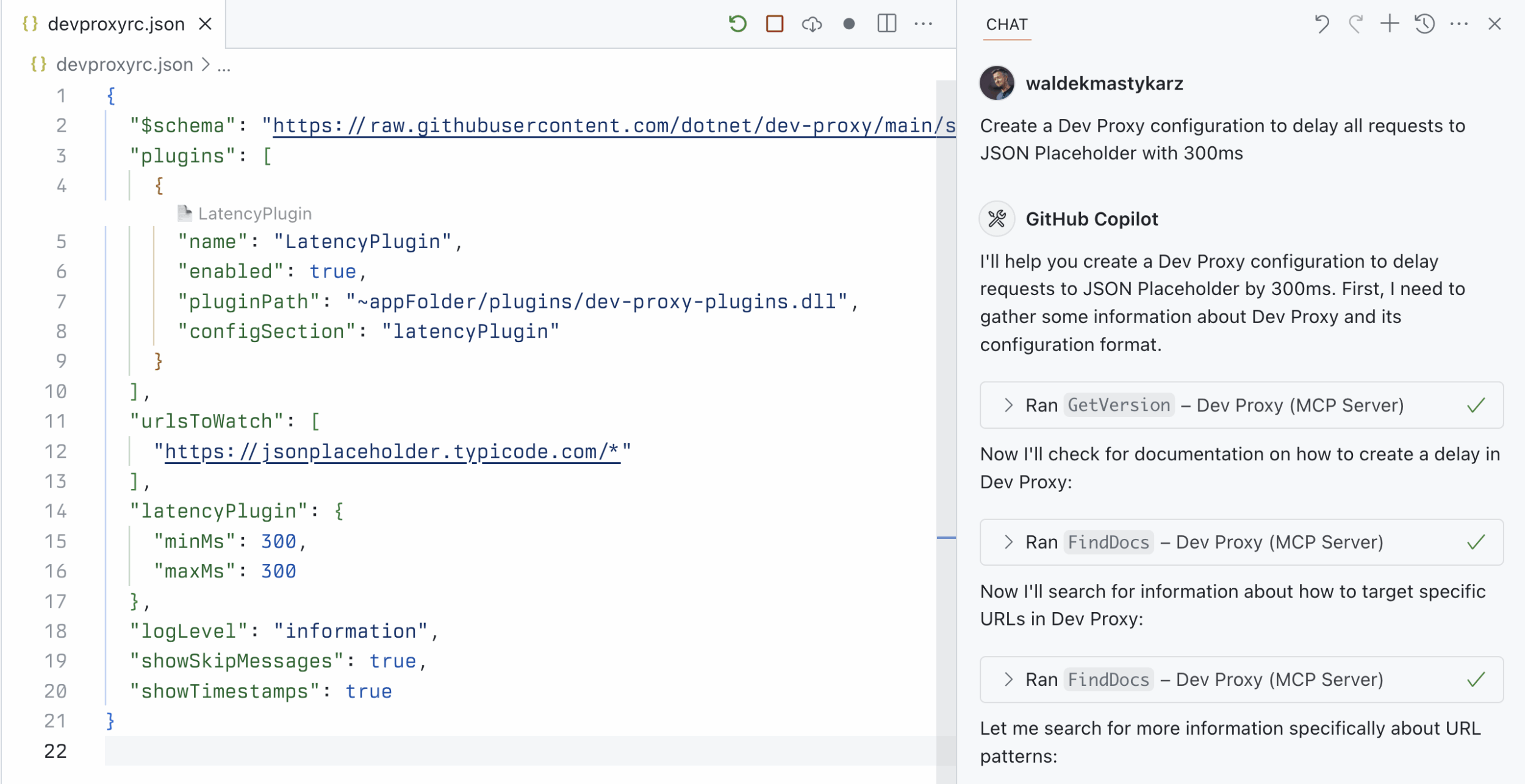 GitHub Copilot in Agent mode creating a Dev Proxy configuration for simulating latency on a public API using the Dev Proxy MCP server